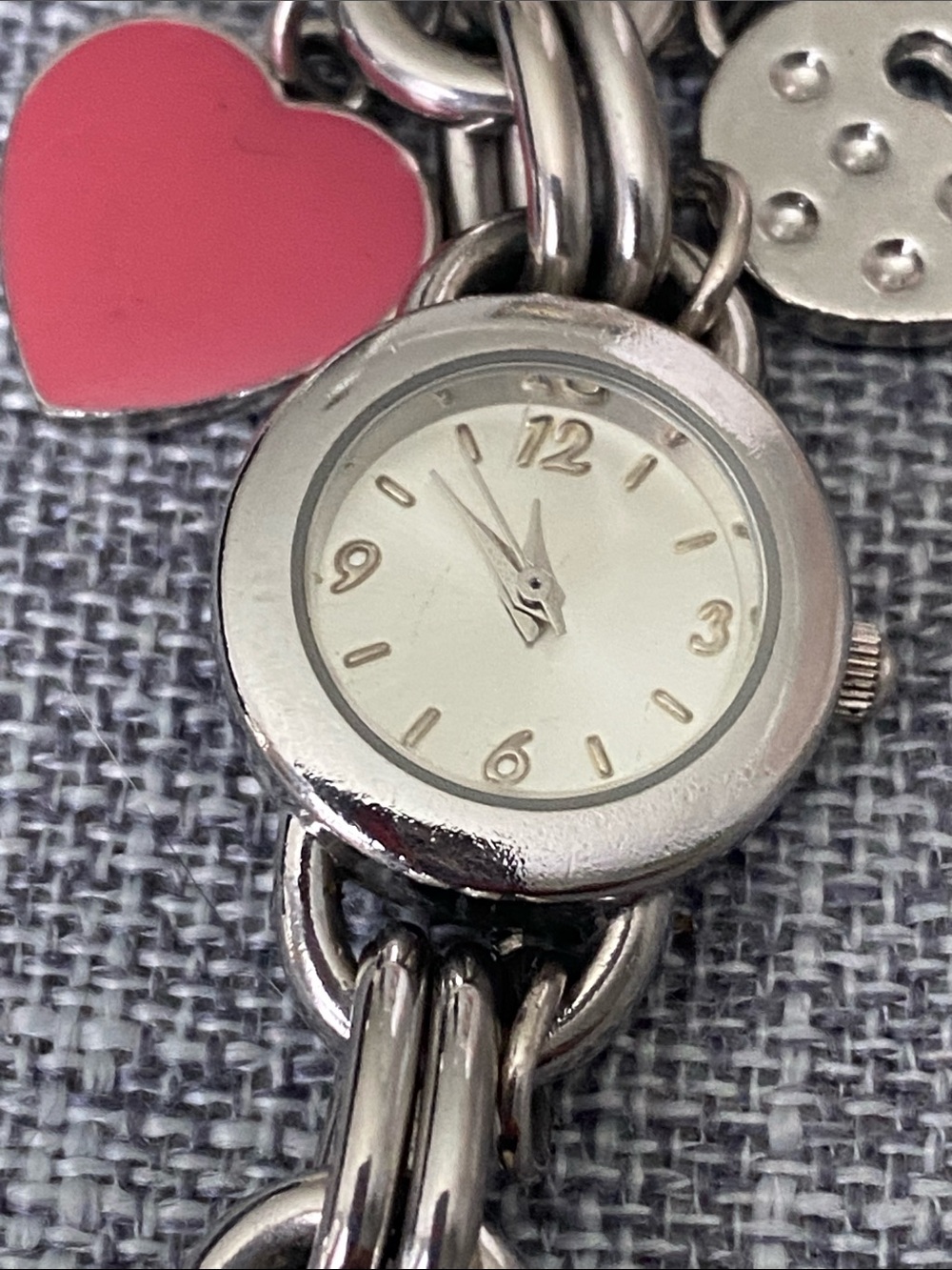 Anne Klein Silver-Tone Charm Bracelet Watch with Pink Heart - Picture 6 of 9